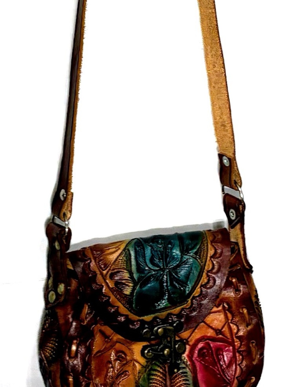 Mexican tooled leather handmade leather laced crossbody bag painted floral rose